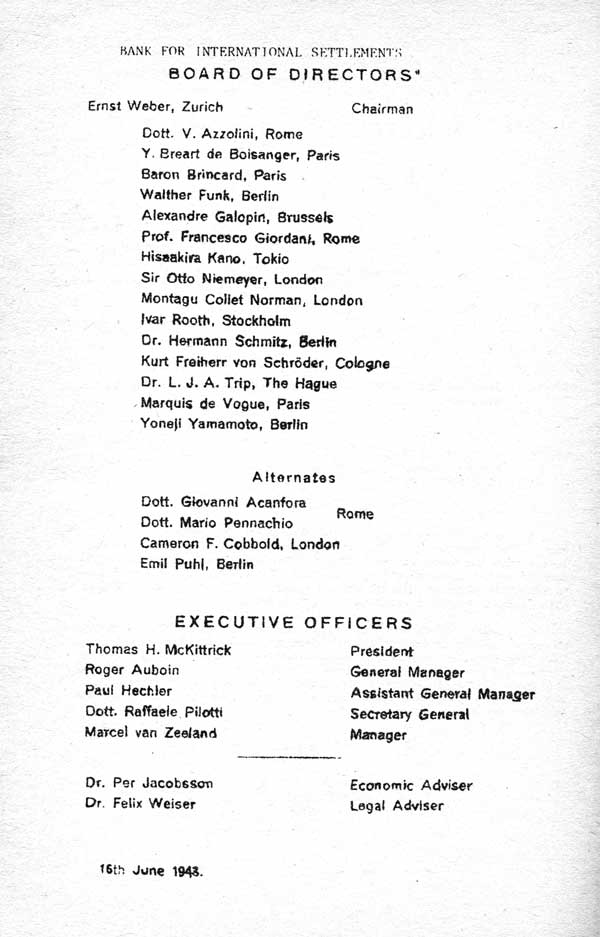 Bank of International Settlements Directors 1943